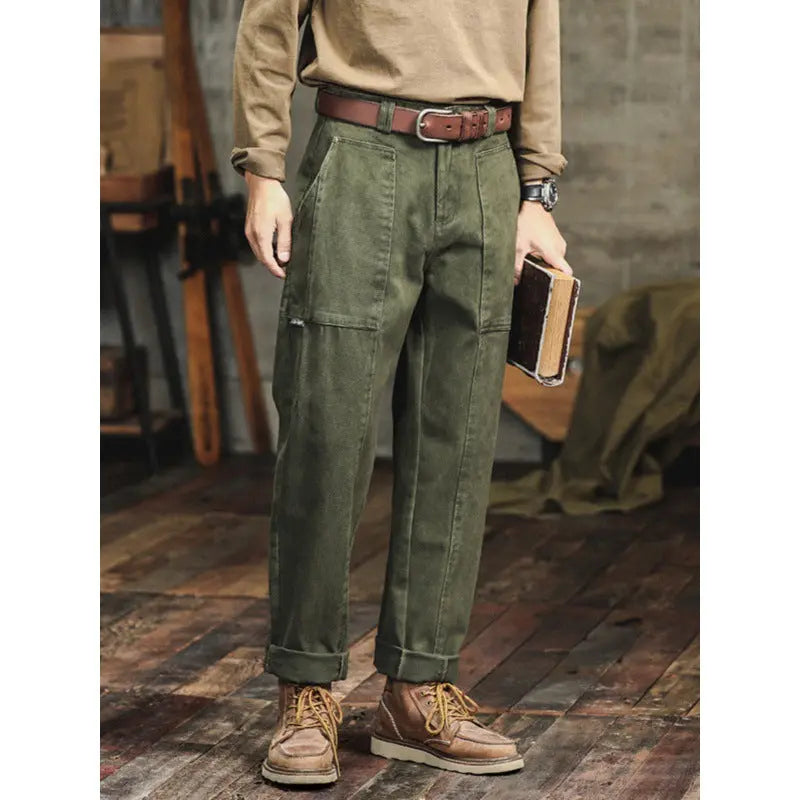 Retro Army Green Casual Pants Men's Loose Straight Cargo Pants - Nyaabs