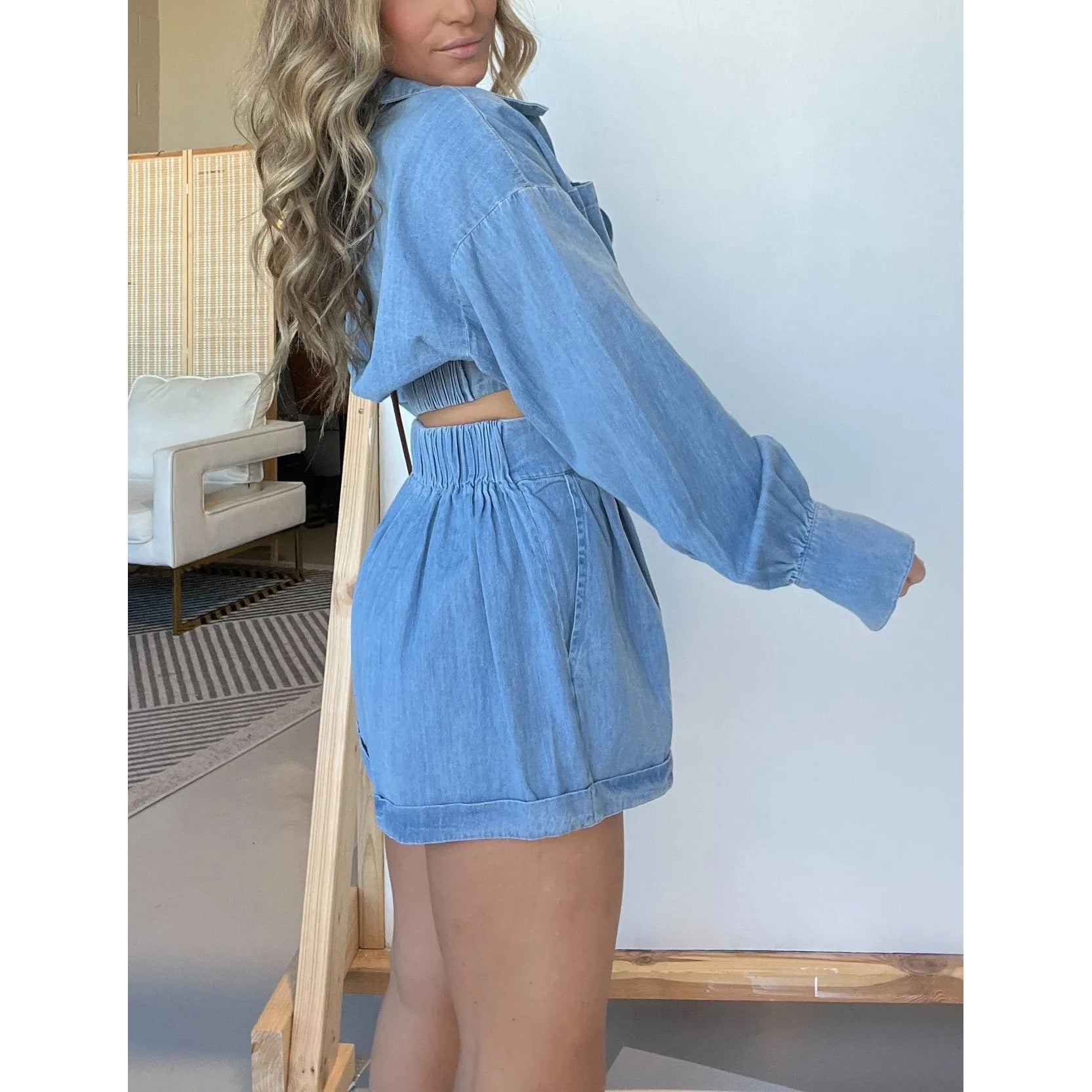 Fashion Women's Wear Denim Shirt Deep V Long Sleeve Suit - Nyaabs