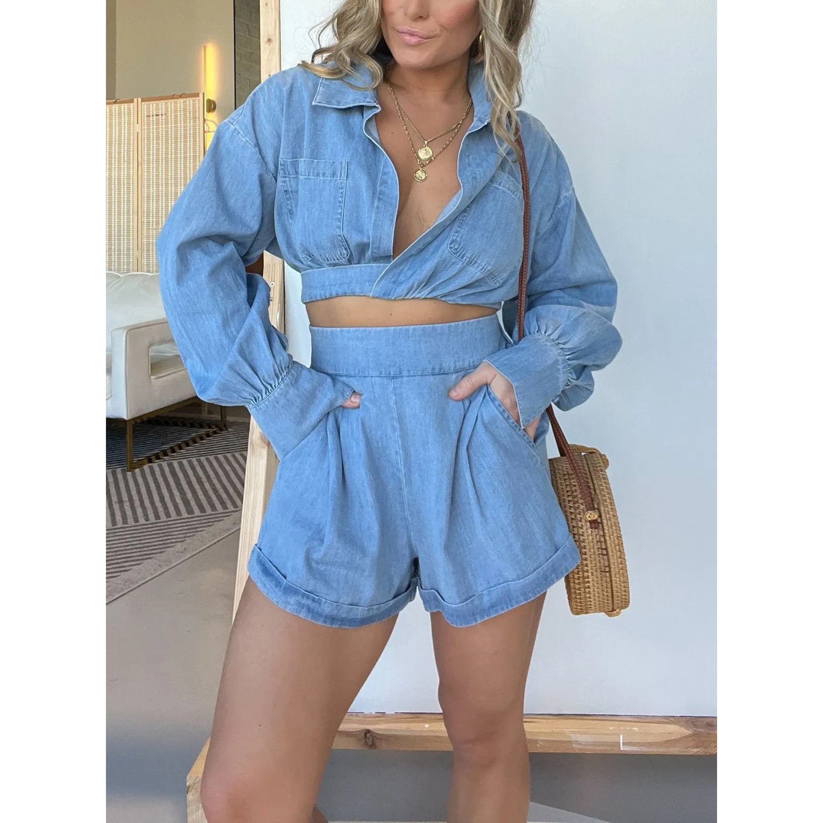 Fashion Women's Wear Denim Shirt Deep V Long Sleeve Suit - Nyaabs