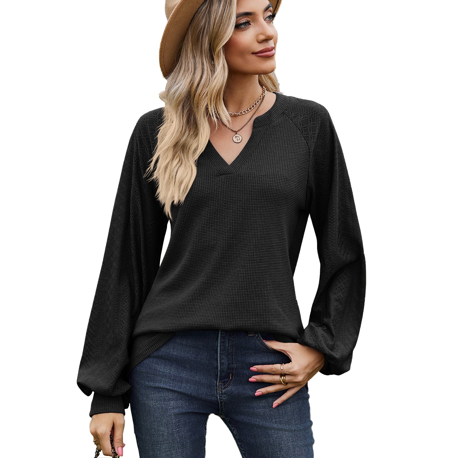 Solid Color V-neck Patchwork Loose Long Sleeve T-shirt nyaabs.com