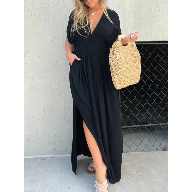 Fashion Bat-sleeved V-neck Slit Dress Summer Short Sleeve Elastic Waist Long Dresses Womens Clothing - Nyaabs