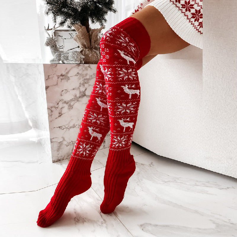 Winter Christmas Warm Knitted Women Stocking Beautiful Elk Snowflake Jacquard Over-the-knee Casual Long Socks For Ladies Gifts Free Size - Nyaabs