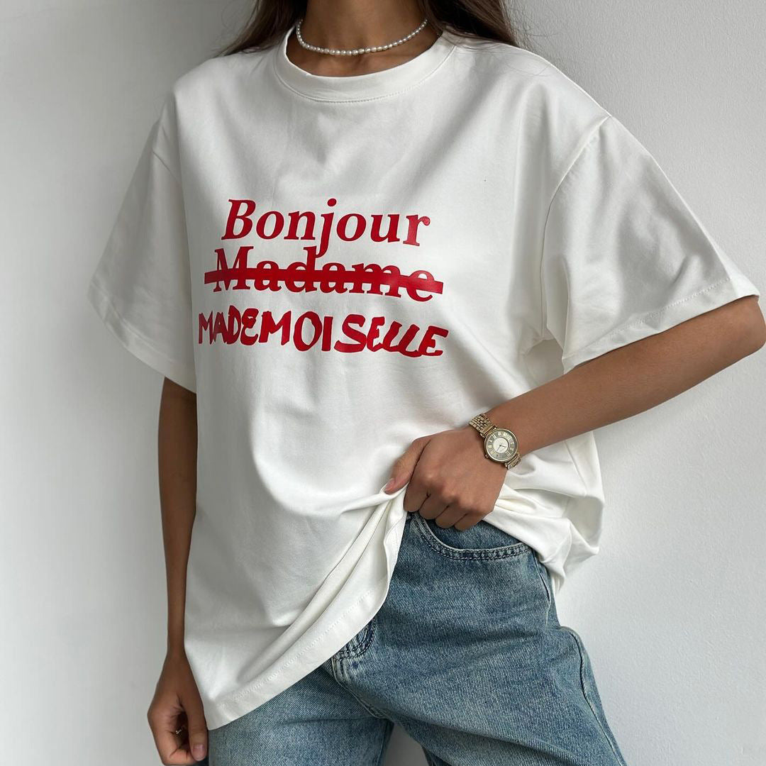 Women's Letter Print Contrast Color Loose T-shirt Pullover nyaabs.com