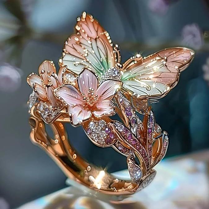 Adjustable Elegant Transparent Crystal 3D Shining Diamond Drop Oil Butterfly Flower Ring For Women Aesthetic Gold Plated Cute Animal Insect Fashion Jewelry - Nyaabs