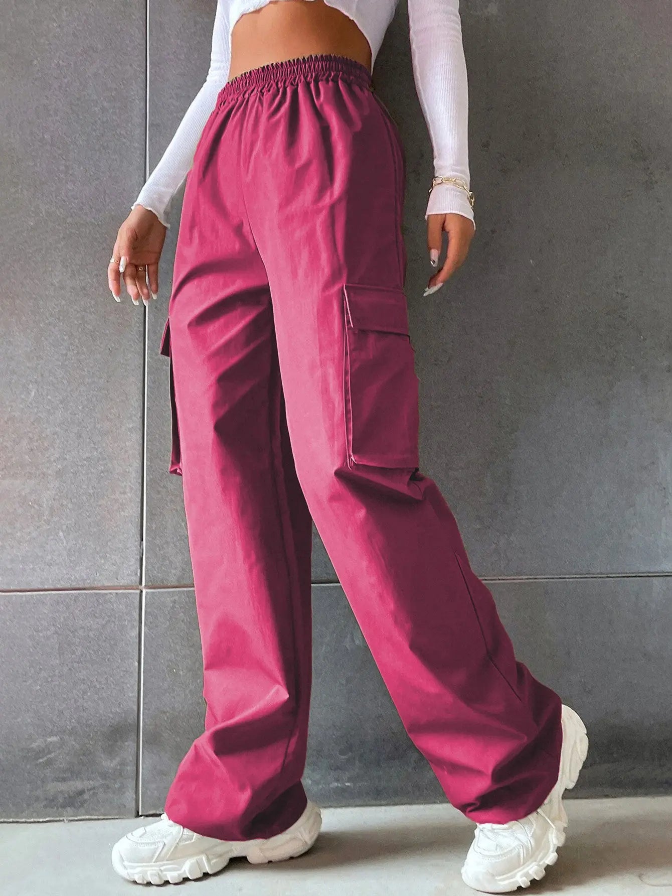 Women's Fashion Solid Color High Waist Flip Workwear With Pocket Pants - Nyaabs