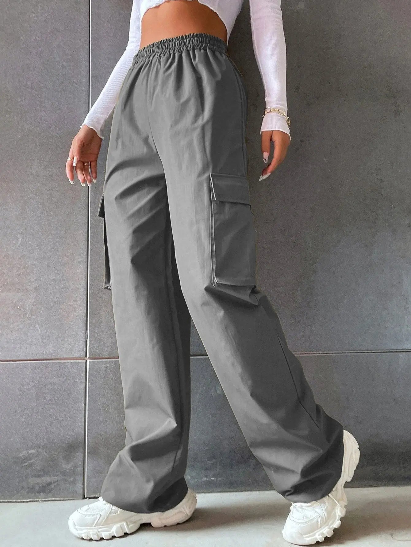 Women's Fashion Solid Color High Waist Flip Workwear With Pocket Pants - Nyaabs