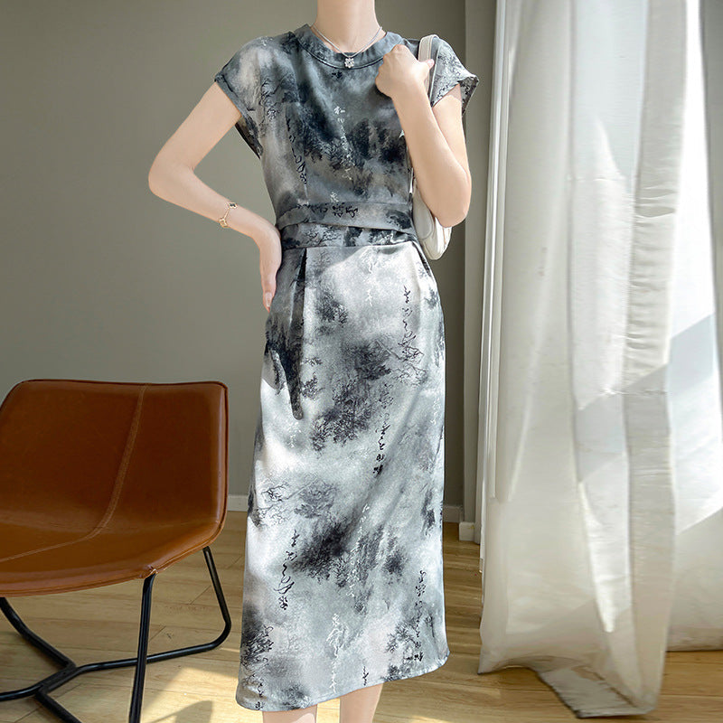 Silky Acetate Satin Chinese Style Ink Painting Skirt Long High Sense nyaabs.com