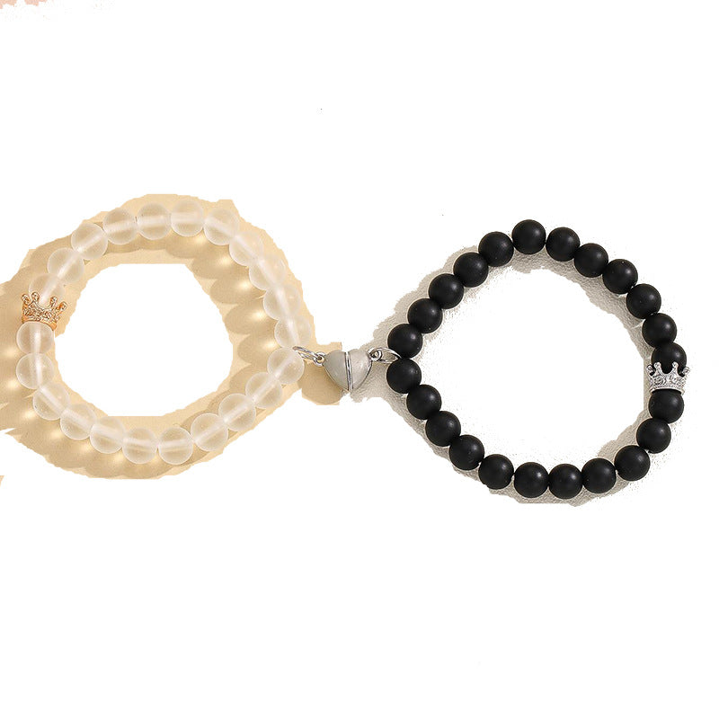 Fashion Jewelry 2pcs Handmade Crown Beaded Charms Bracelet Luminou Heart Glow In The Dark Couple Bracelet For Lover Men Women Fluorescent Gift - Nyaabs