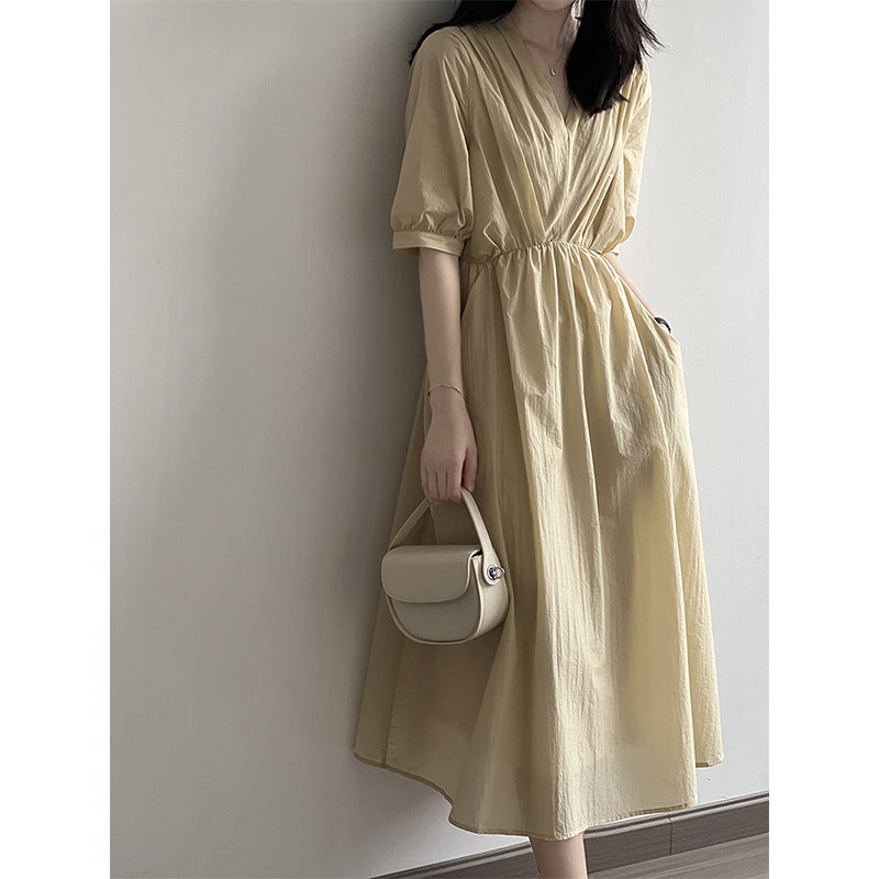 Retro V-neck Pleated Elegant Tied Cinched Mid-length Dress nyaabs.com