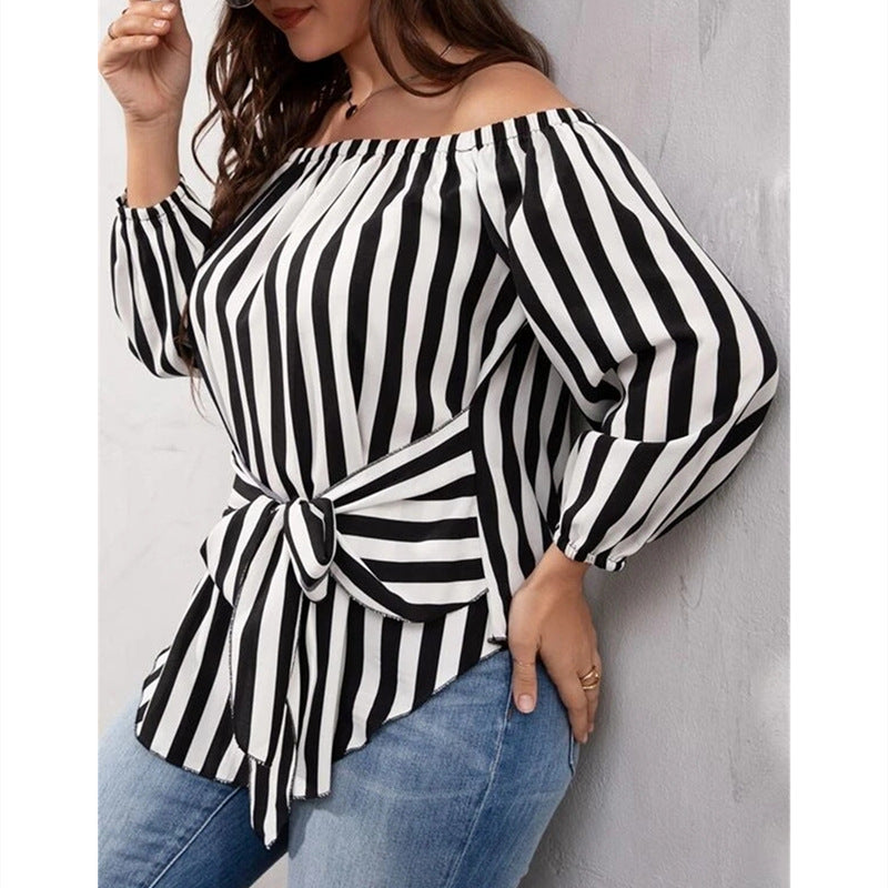 European And American Black And White Striped Sexy Fashion Off-shoulder Shirt nyaabs.com