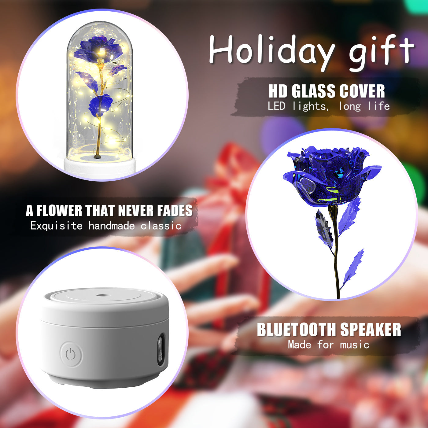 Creative 2 In 1 Rose Flowers LED Light And Bluetooth Speaker Valentine's Day Gift Rose Luminous Night Light Ornament In Glass Cover - Nyaabs