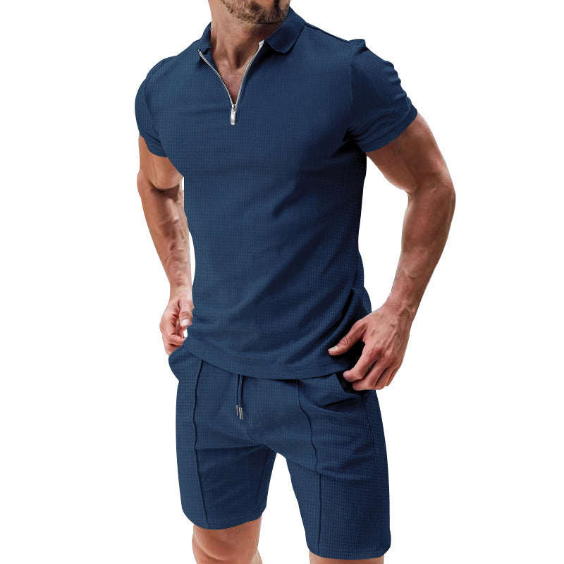 2Pcs Casual Waffle Suit Summer Zipper Lapel Short-sleeved Top And Drawstring Pockets Shorts Versatile Solid Color T-shirt Set For Mens Clothing - Nyaabs