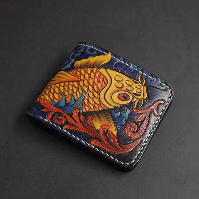 First Layer Cowhide Handmade Leather Carving Wallet Short Carp Couple Gift - Nyaabs