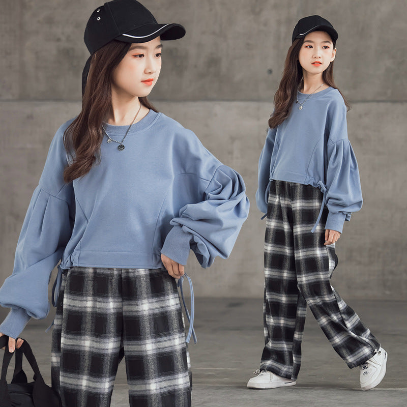 Girls' Suits Western Style Korean Children's Clothing Trendy Plaid Trousers Big Kids - Nyaabs