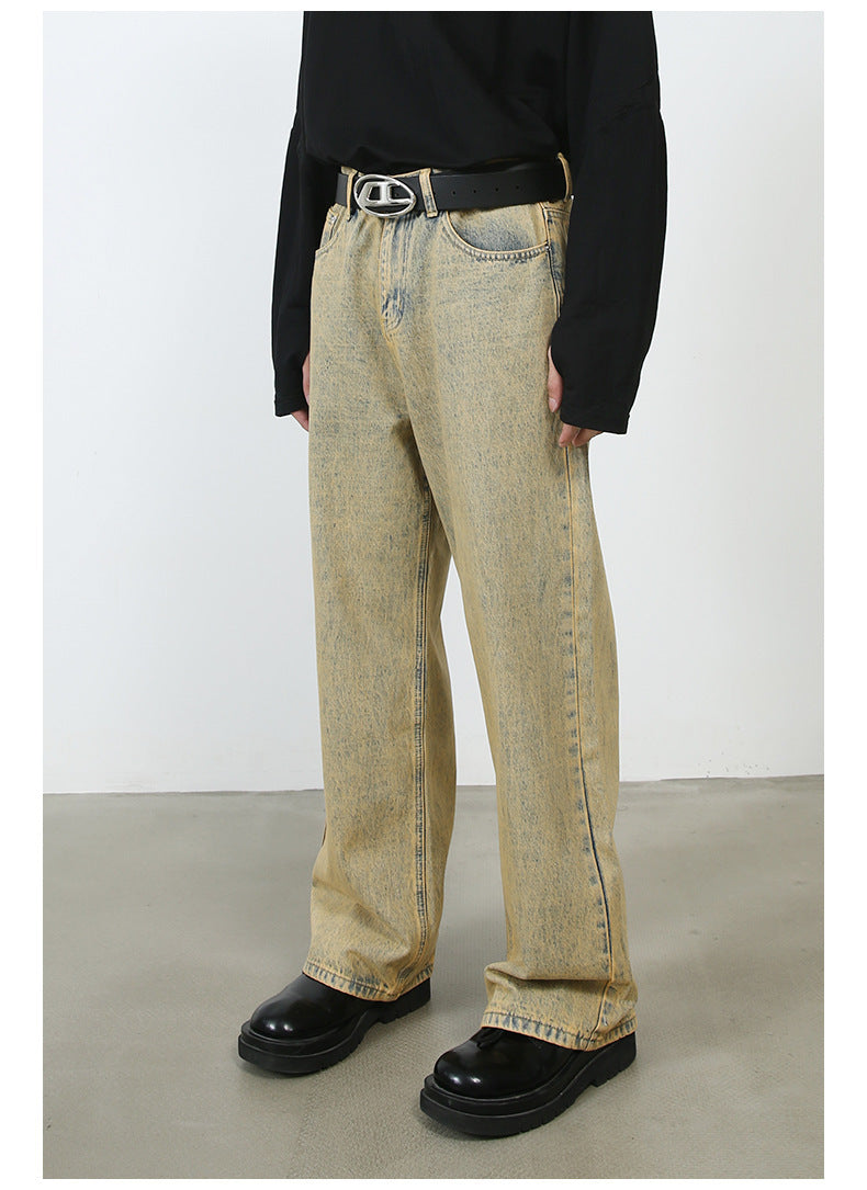 Washed Distressed Yellow Mud-color Straight Jeans - Nyaabs