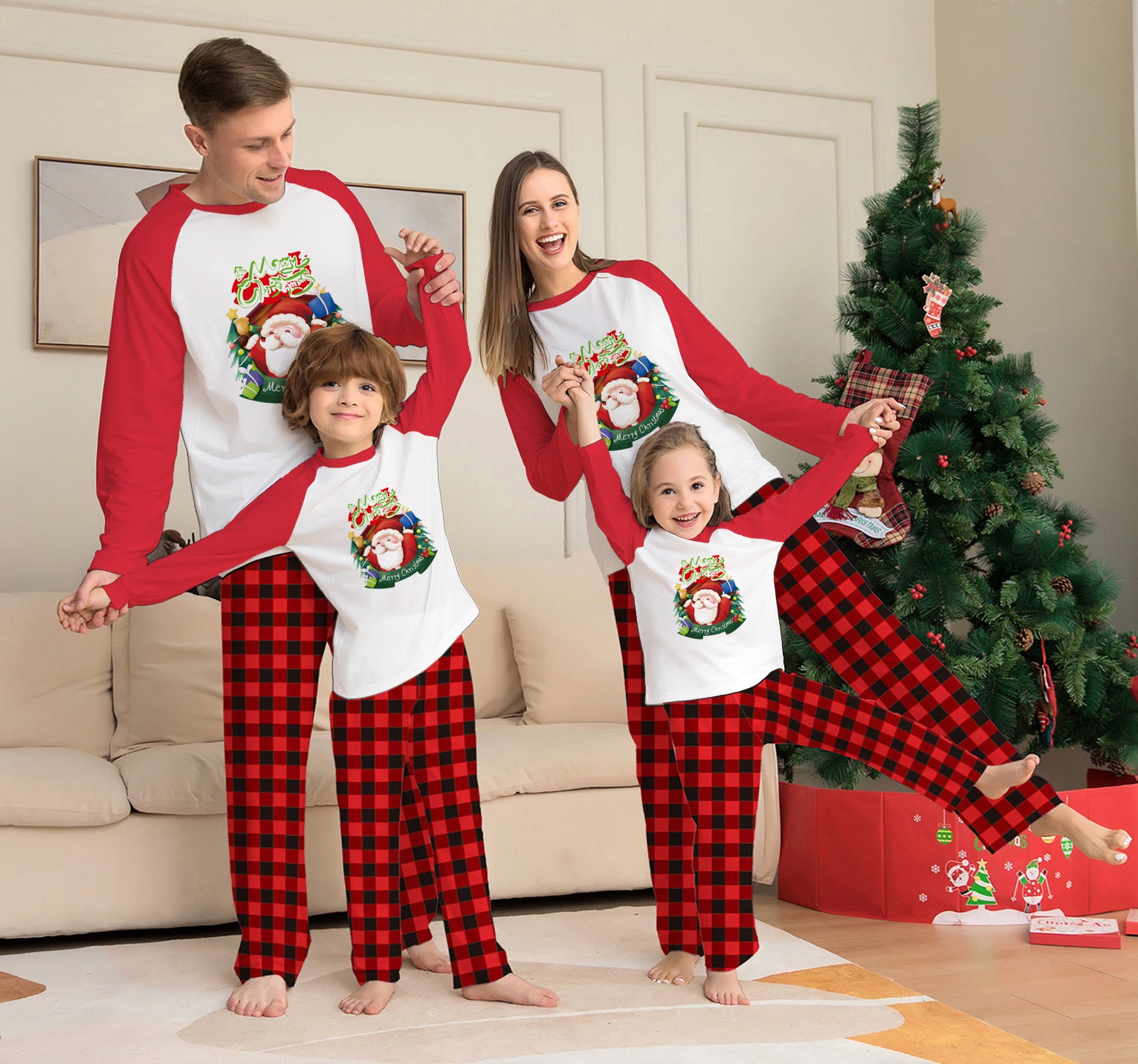 Christmas Parent-Child Clothes Set Long Sleeve T-Shirt Plaid Pants Family Matching Pajamas - Nyaabs