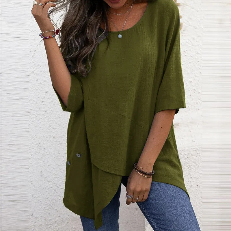 Cotton Linen Round-neck Irregular Shirt Half Sleeve Shirt - Nyaabs