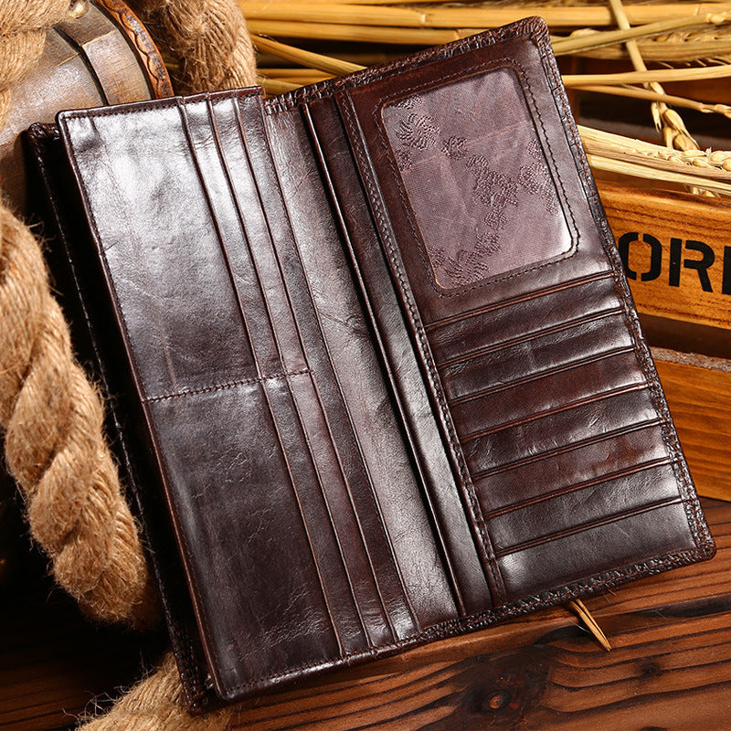 Men's Oil Wax Leather Long Wallet Grain Leather Casual - Nyaabs