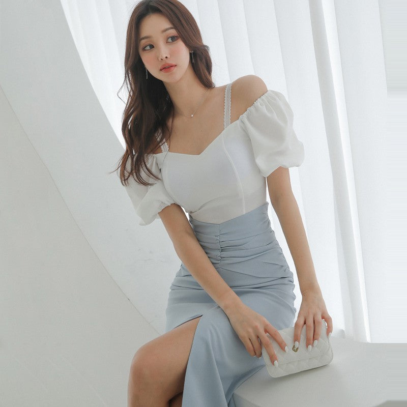 Off-shoulder Hip Skirt Waist Slit Two-piece Set - Nyaabs