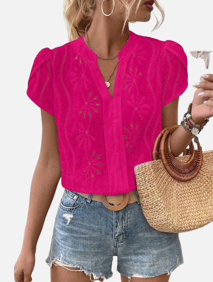 Women's Solid Color Hollow Embroidered Top - Nyaabs