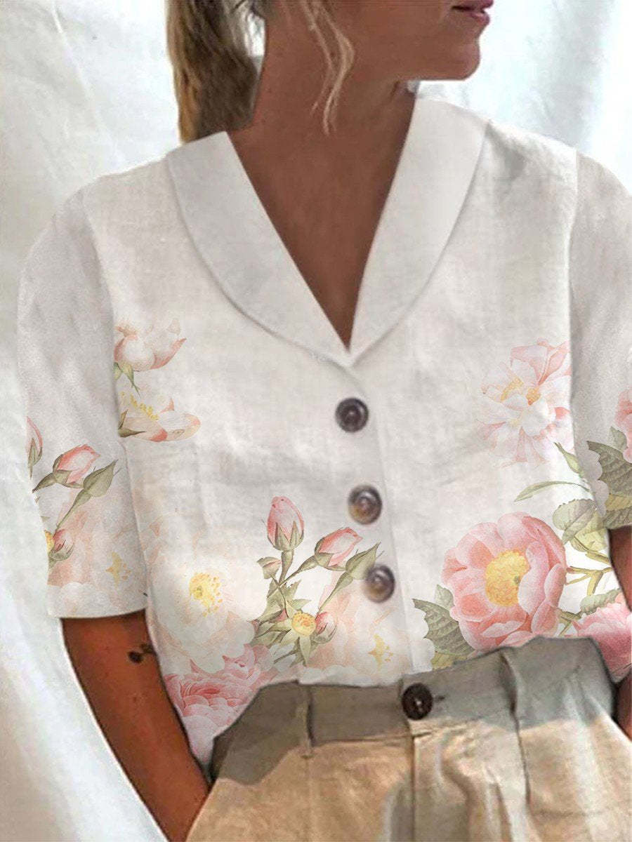 Women's Stand Collar Button Casual Half-sleeve Cotton And Linen Printed Short-sleeved Shirt - Nyaabs