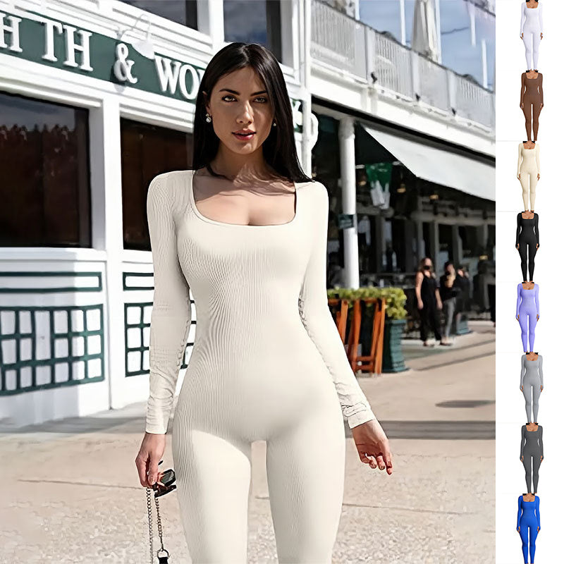 Women's Yoga Sports Fitness Jumpsuit Workout Long Sleeve Square Collar Clothing - Nyaabs