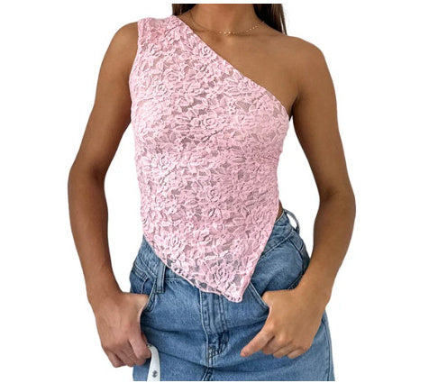 Ins Lace Backless Top Summer Solid Color Waistless Asymmetrical Sloped Neck Vest Streetwear Womens Clothes - Nyaabs