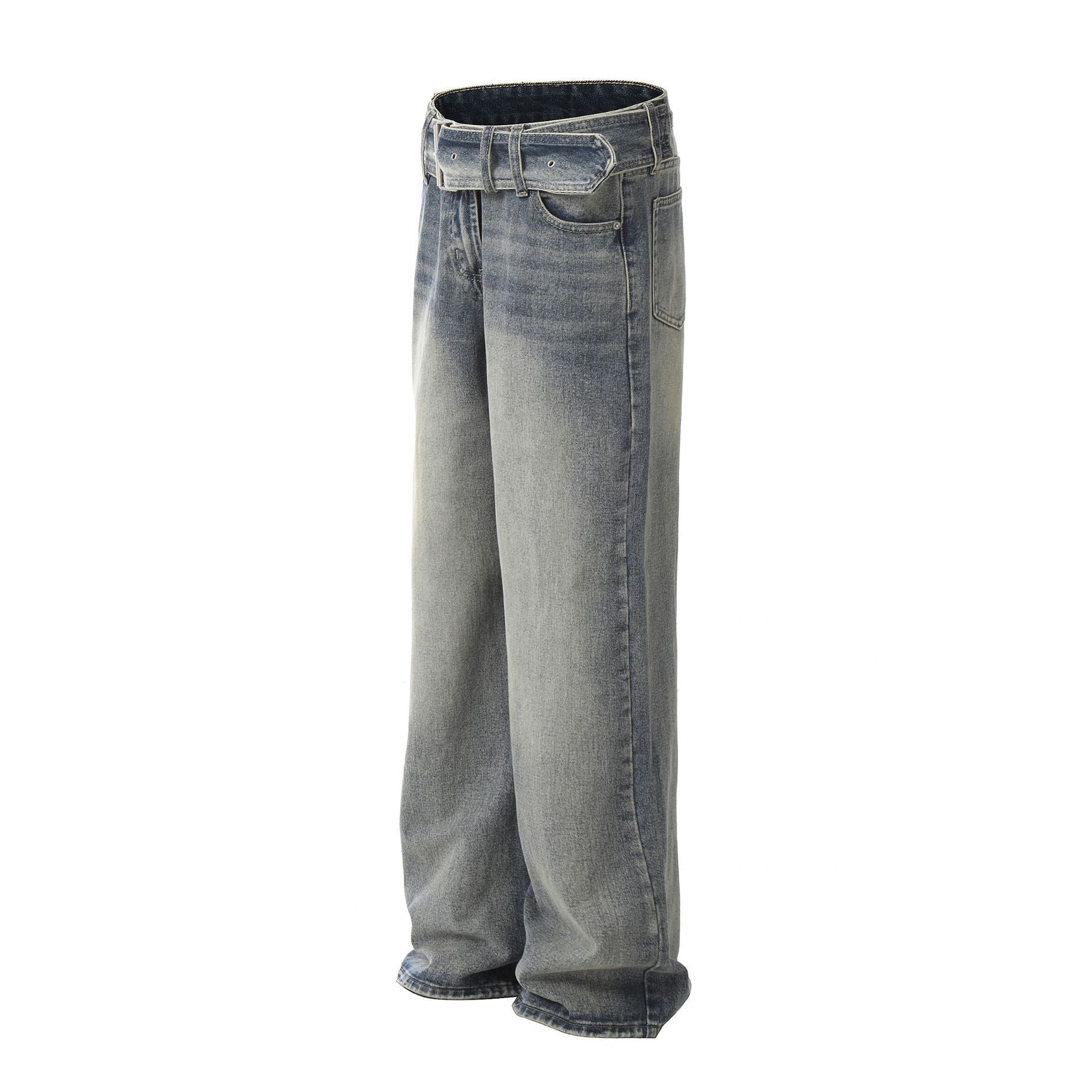 Washed Loose Wide Leg Large Hole Profile Tooling Ribbon Logging Jeans - Nyaabs