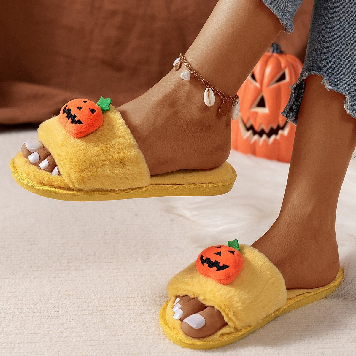 Halloween Cute Pumpkin Plush Slippers Home Indoor Open Toe Shoes Winter Warm Bedroom Slippers For Women - Nyaabs