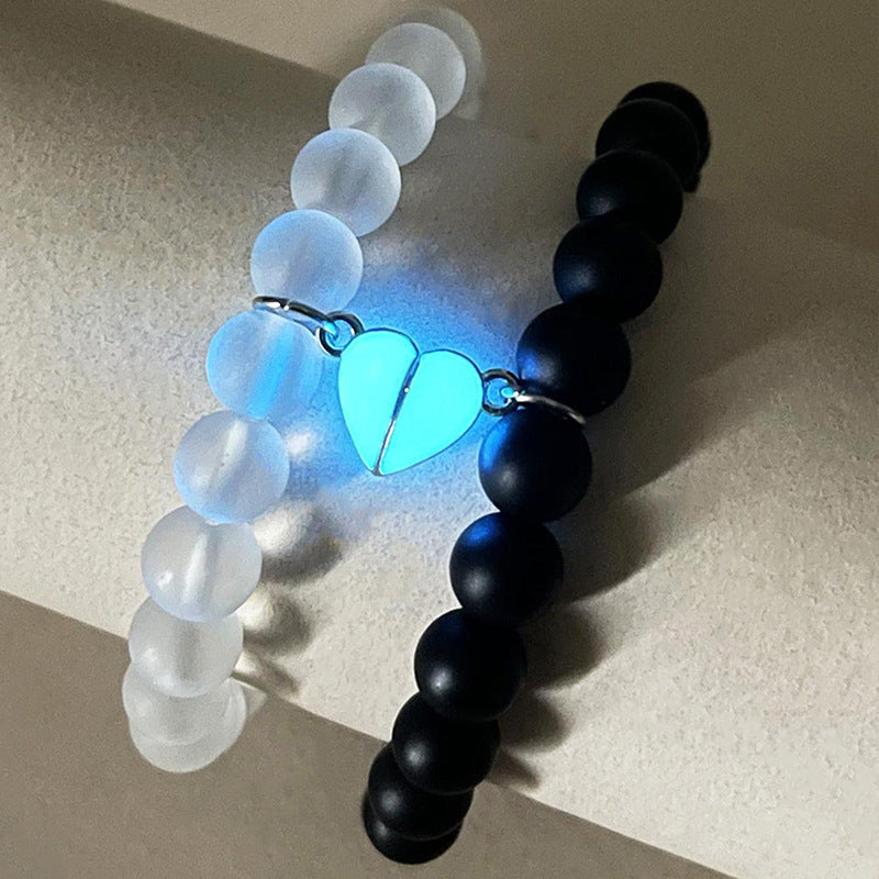 Fashion Jewelry 2pcs Handmade Crown Beaded Charms Bracelet Luminou Heart Glow In The Dark Couple Bracelet For Lover Men Women Fluorescent Gift - Nyaabs