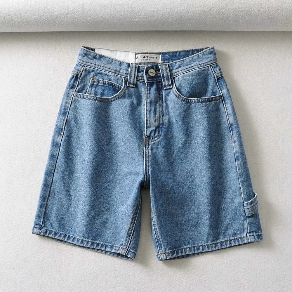 High Waist Making Legs Look Long Workwear With Pocket Denim Shorts - Nyaabs