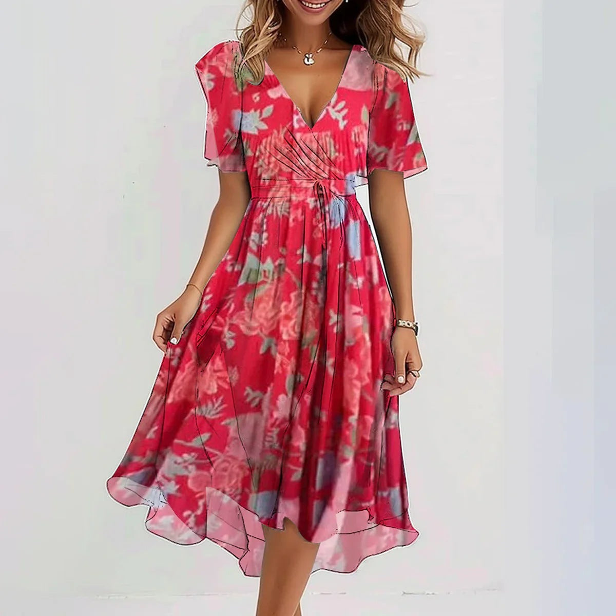 Chiffon Printed Short Sleeve Dress Summer Elegant V-neck Dresses Womens Clothing - Nyaabs