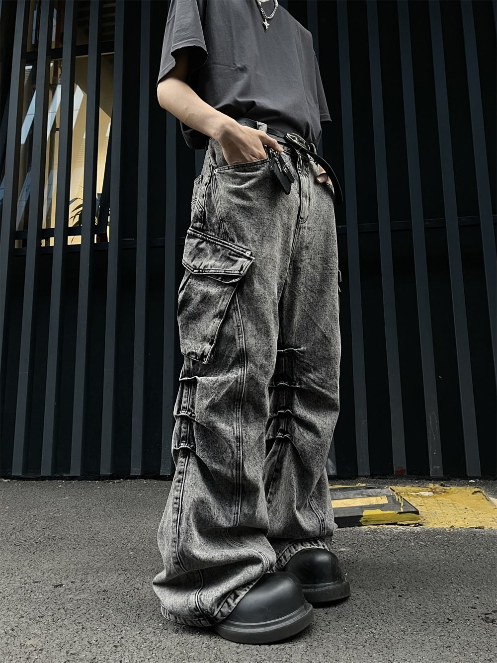 Pleated Workwear With Pocket Jeans Loose-fitting Wide-leg Trousers - Nyaabs