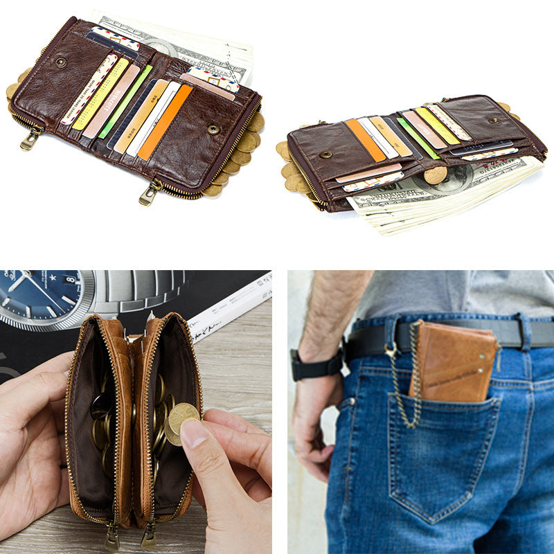 Multifunctional Double Zipper Top Layer Cowhide Coin Purse Men's Bag - Nyaabs