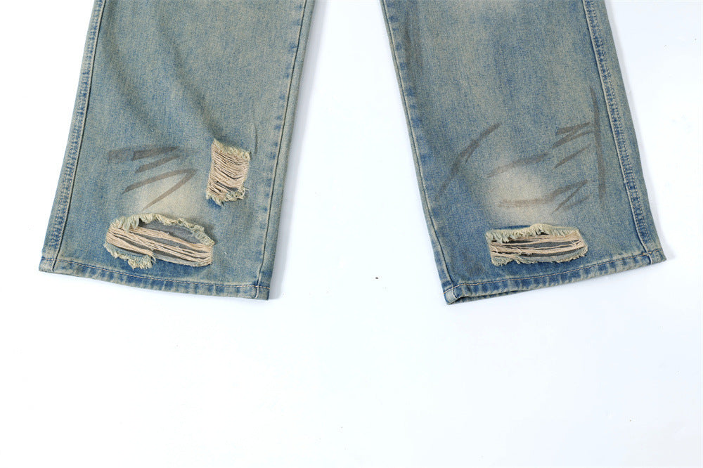 Graffiti Distressed Dirty Ripped Denim Trousers - Nyaabs