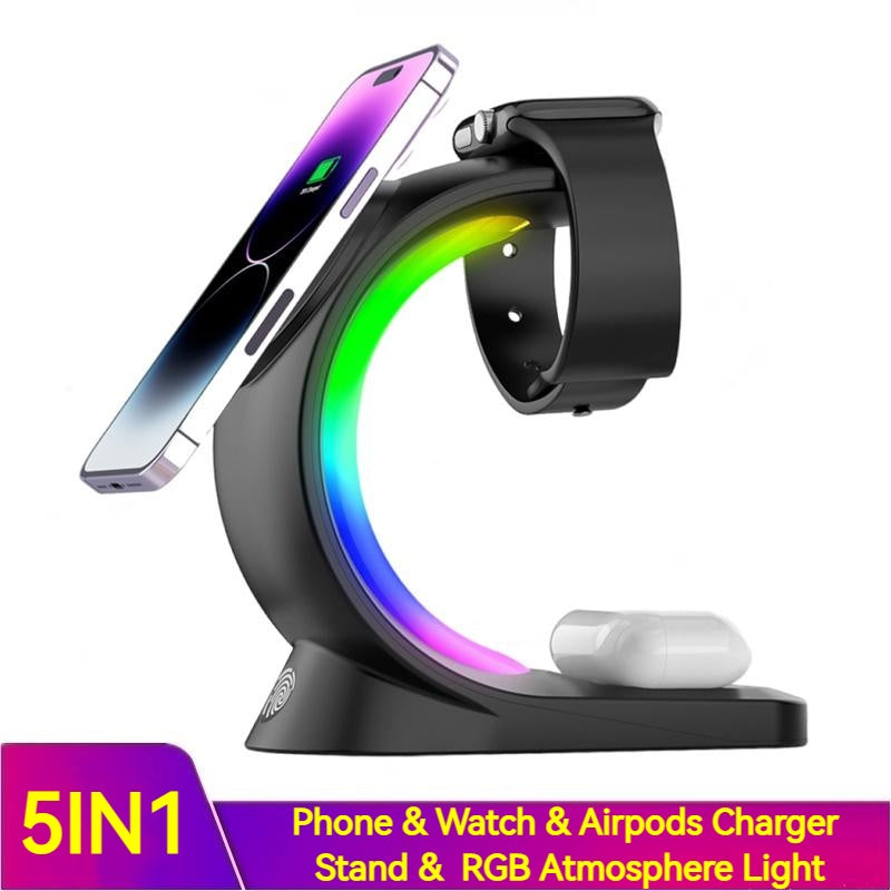 4 In 1 Magnetic Wireless Charger Fast Charging For Smart Phone Atmosphere Light Charging Station For Airpods Pro I-phone Watch - Nyaabs