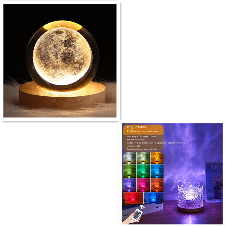 LED Water Ripple Ambient Night Light USB Rotating Projection Crystal Table Lamp RGB Dimmable Home Decoration 16 Color Gifts - Nyaabs