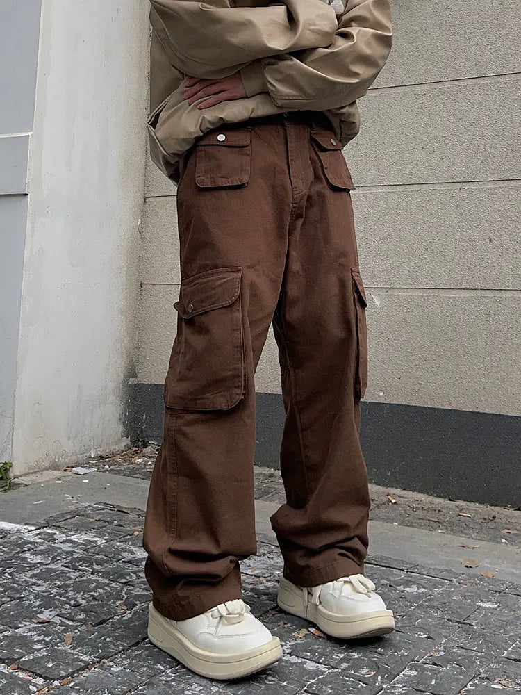 Pants Casual Multi-pocket Loose Straight Retro American Overalls In Brown - Nyaabs