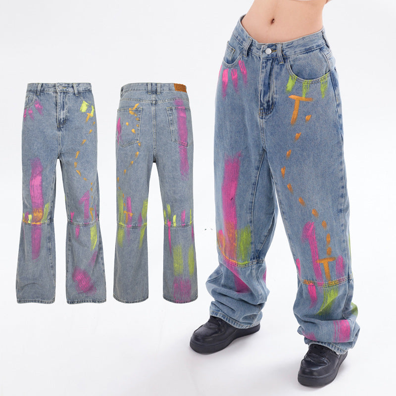 American Style Retro Street Hip Hop Graffiti Printing Loose Jeans For Men And Women - Nyaabs