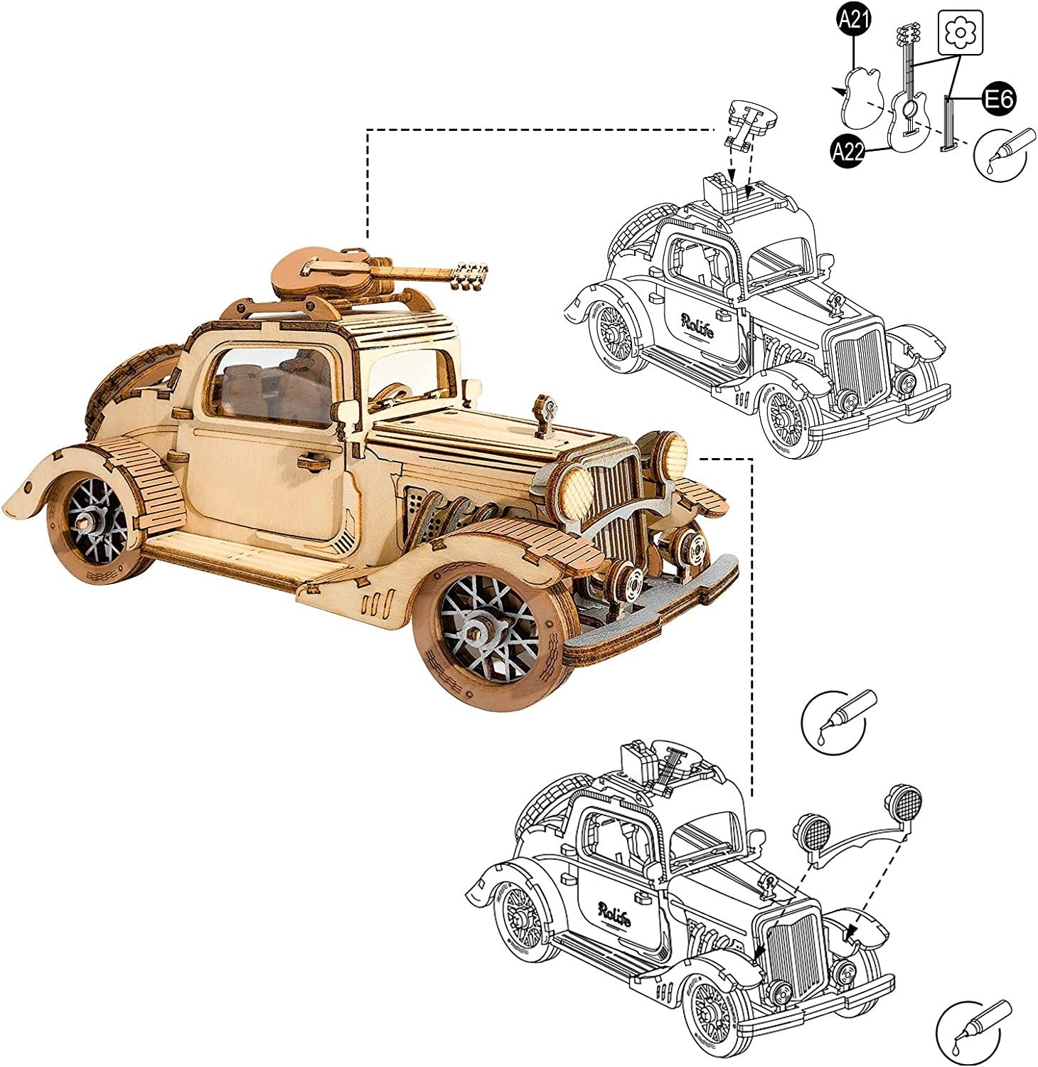 Robotime Rolife Vintage Car Model 3D Wooden Puzzle Toys For Chilidren Kids - Nyaabs