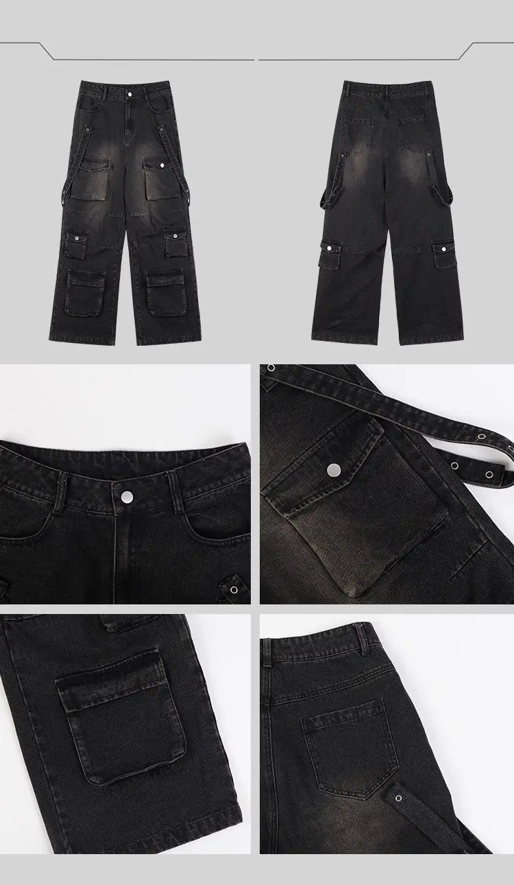 Multi Pocket Vintage Wide Leg Jeans For Men - Nyaabs