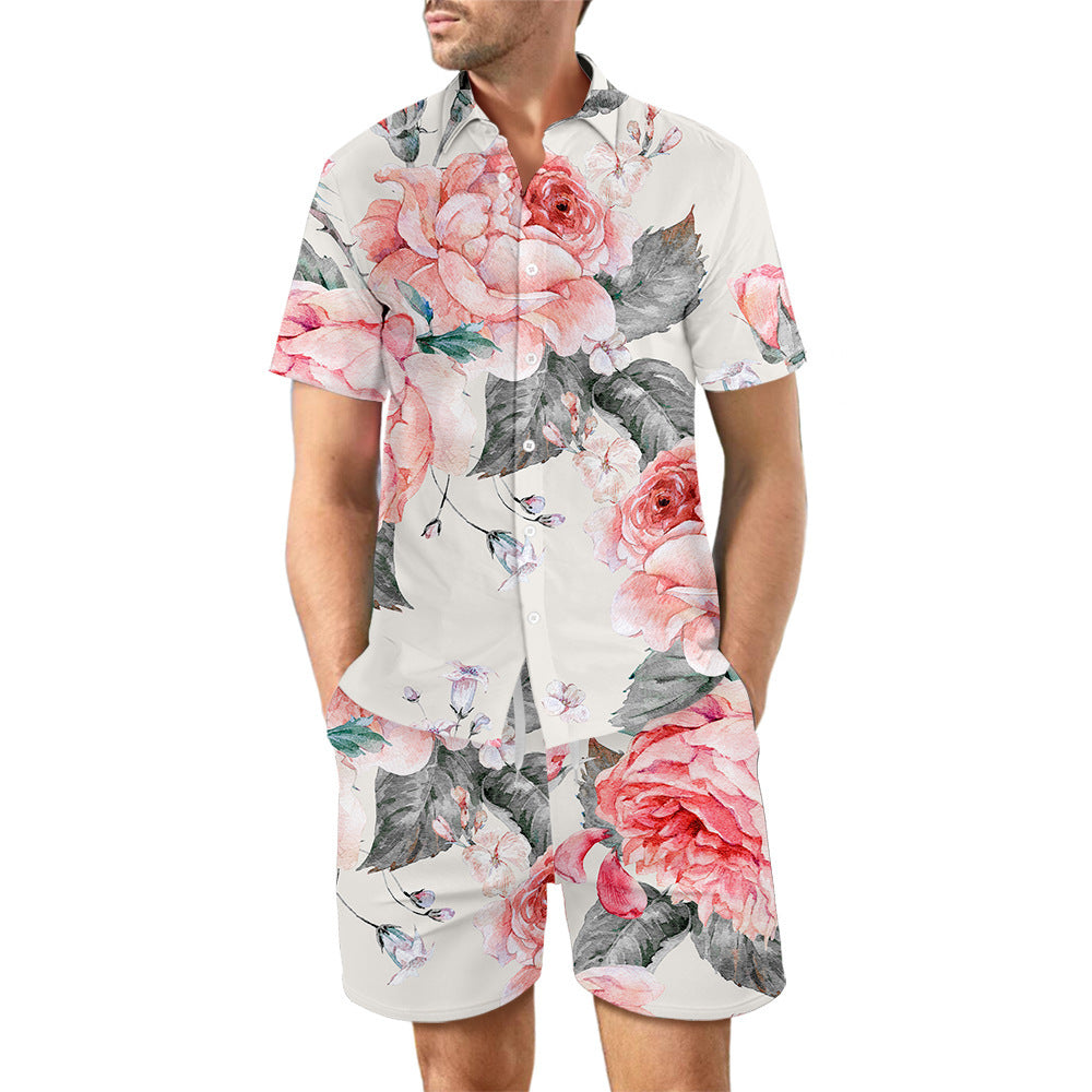 2Pcs Printed Beach Shirt Summer Suit Loose Lapel Button Top And Drawstring Pockets Shorts Casual Short Sleeve Suits For Men Clothing - Nyaabs