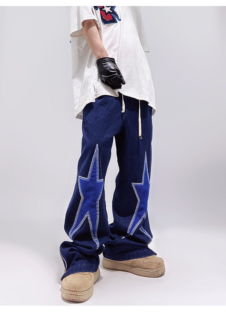 Five-pointed Star Embroidery Denim Horn Loose Straight Casual All-match Mop Trousers Men - Nyaabs