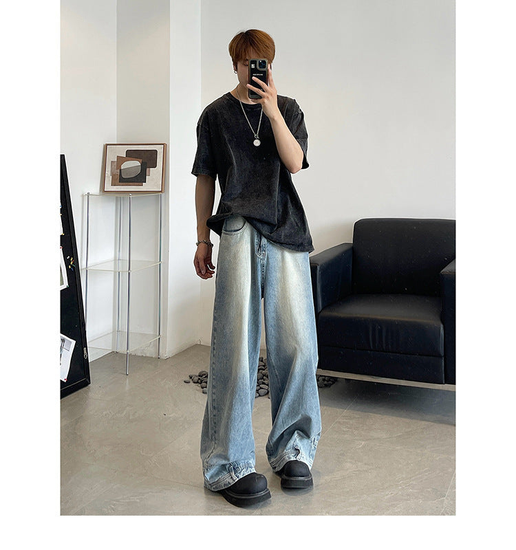 Retro Reverse Pocket Flip-down Jeans Men's Washed Wide-leg Pants - Nyaabs