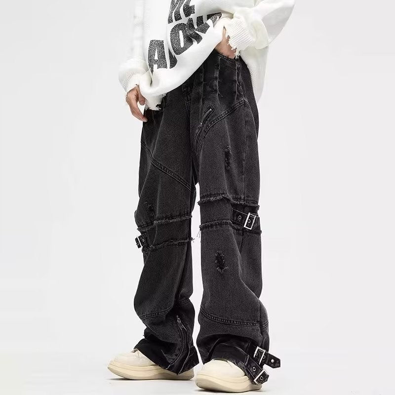 Lace-up Zipper Jeans Vintage Distressed Straight Loose Pants - Nyaabs