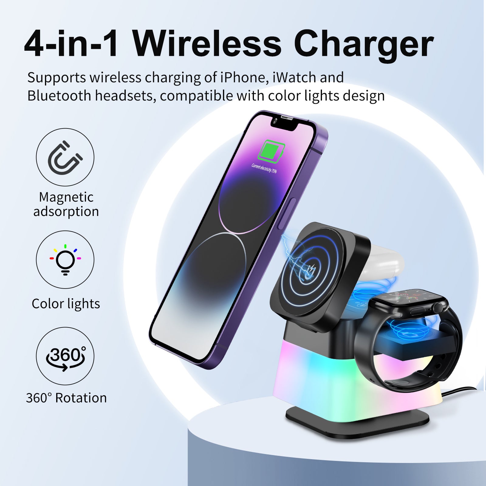 4 In 1 Rotatable Colorful Lighting Wireless Charger Stand For Phone 15 14 13 12 Pro Max 8 7 Holder Magnetic Fast Charging Station - Nyaabs