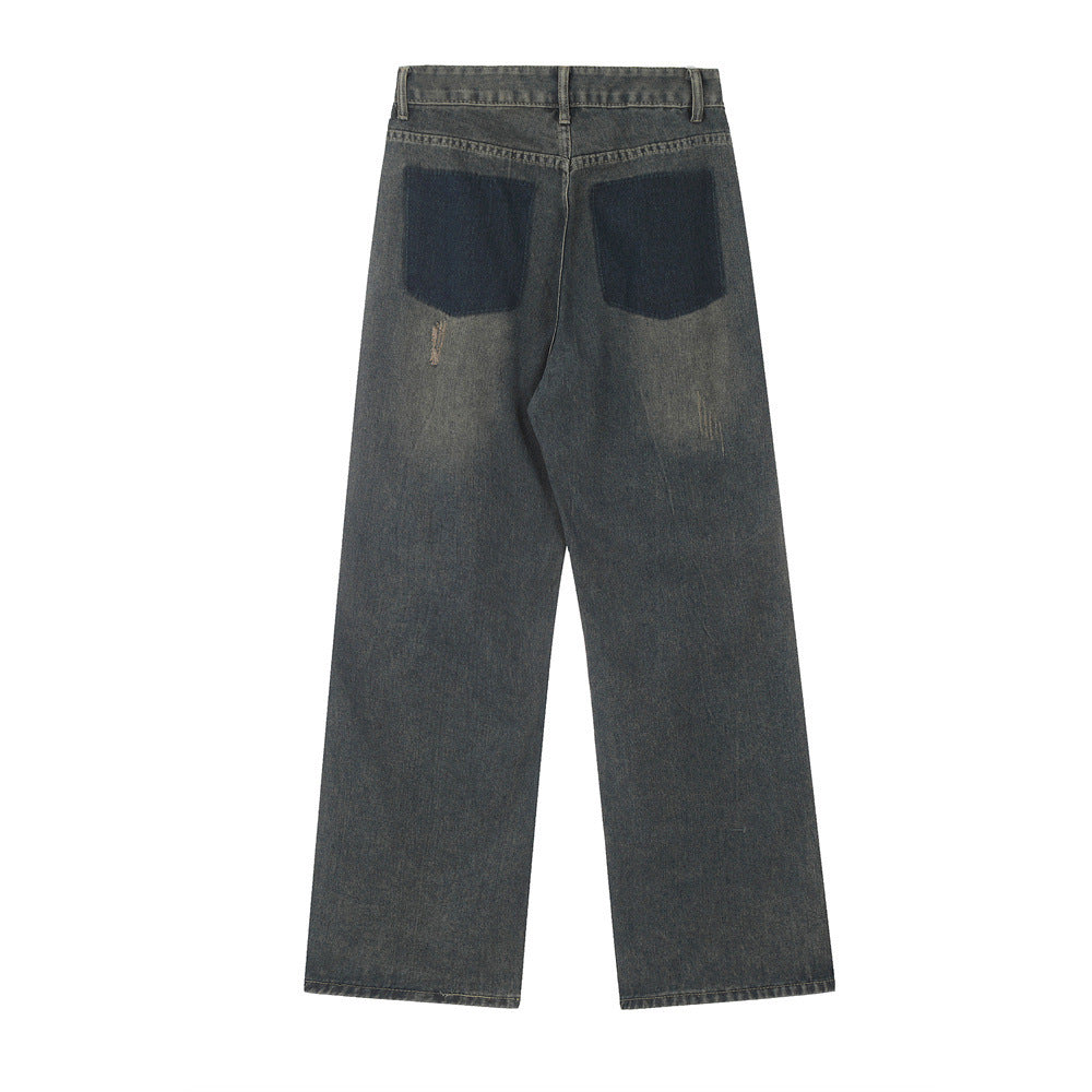 Washed And Worn Worn Out Denim Straight-leg Trousers Men's Punk - Nyaabs