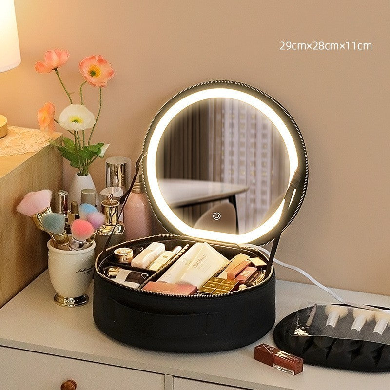 Round Smart LED Makeup Bag With Mirror Lights Women Beauty Bag Large Capacity PU Leather Travel Organizers Cosmetic Case - Nyaabs