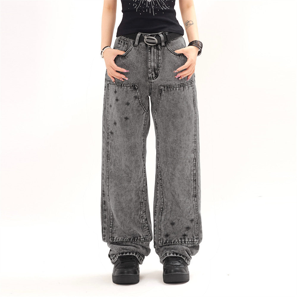 Heavy Industry Washed And Worn Denim Cargo Pants Retro Loose Wide Leg Straight Mop Trousers - Nyaabs