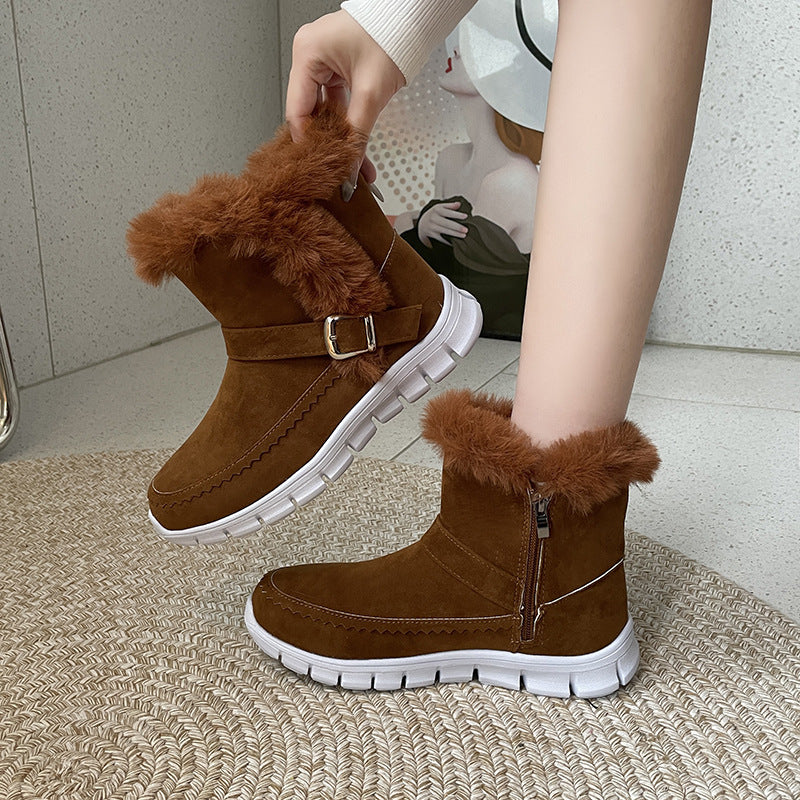 New Snow Boots Winter Warm Thickened Solid Color Plush Ankle Boots With Buckle Design Plus Velvet Flat Shoes For Women - Nyaabs